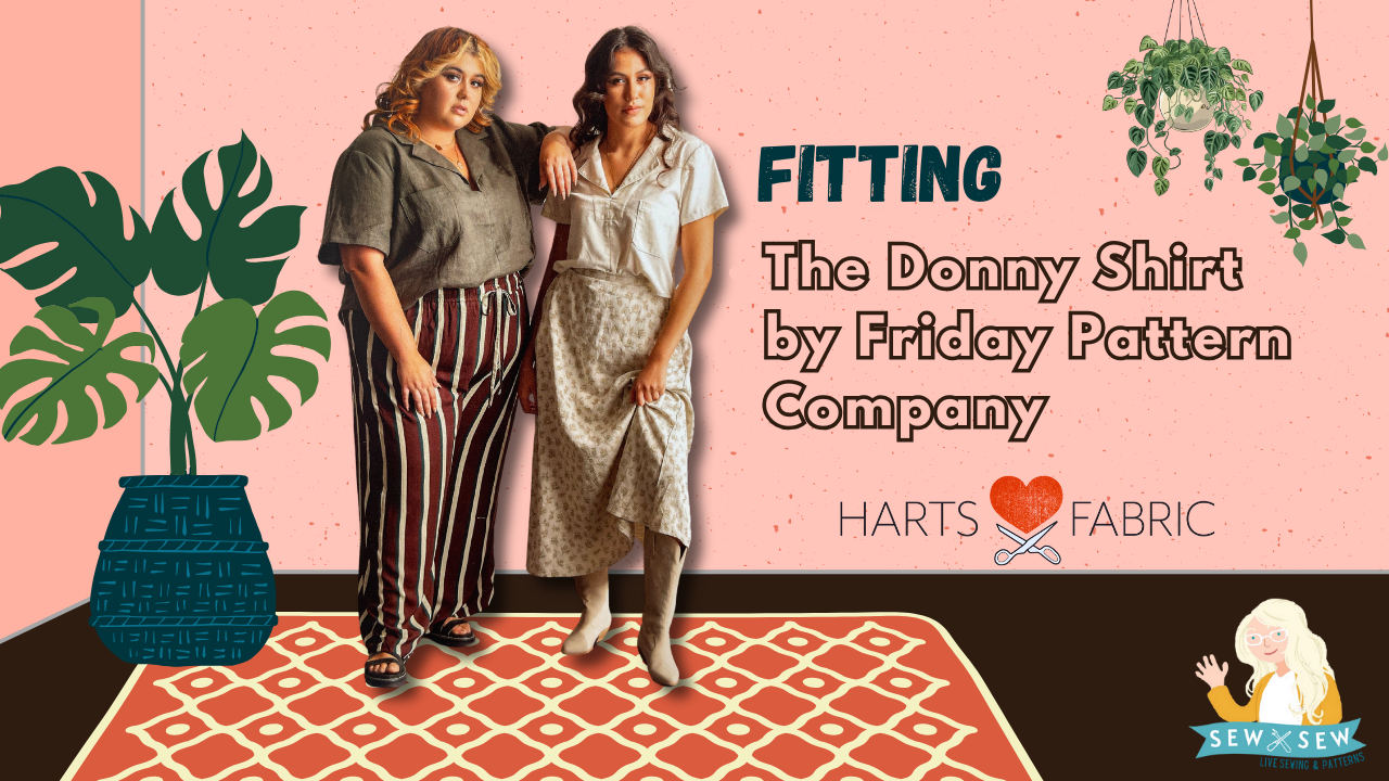 Two women standing together with text about 'The Donny Shirt' by Friday Pattern Company on a pink background.